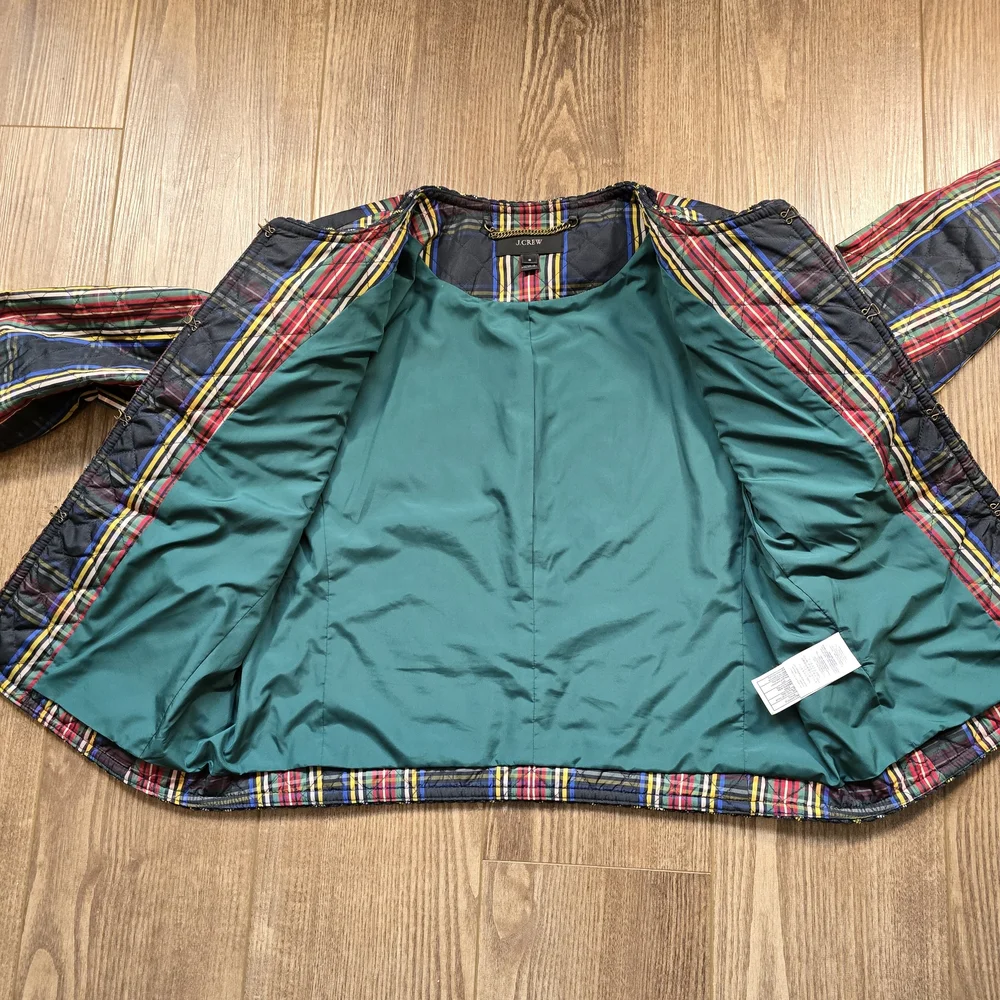 J.Crew Short Jacket Womens 8 Black Plaid Stewart Tartan Quilted Preppy Academia